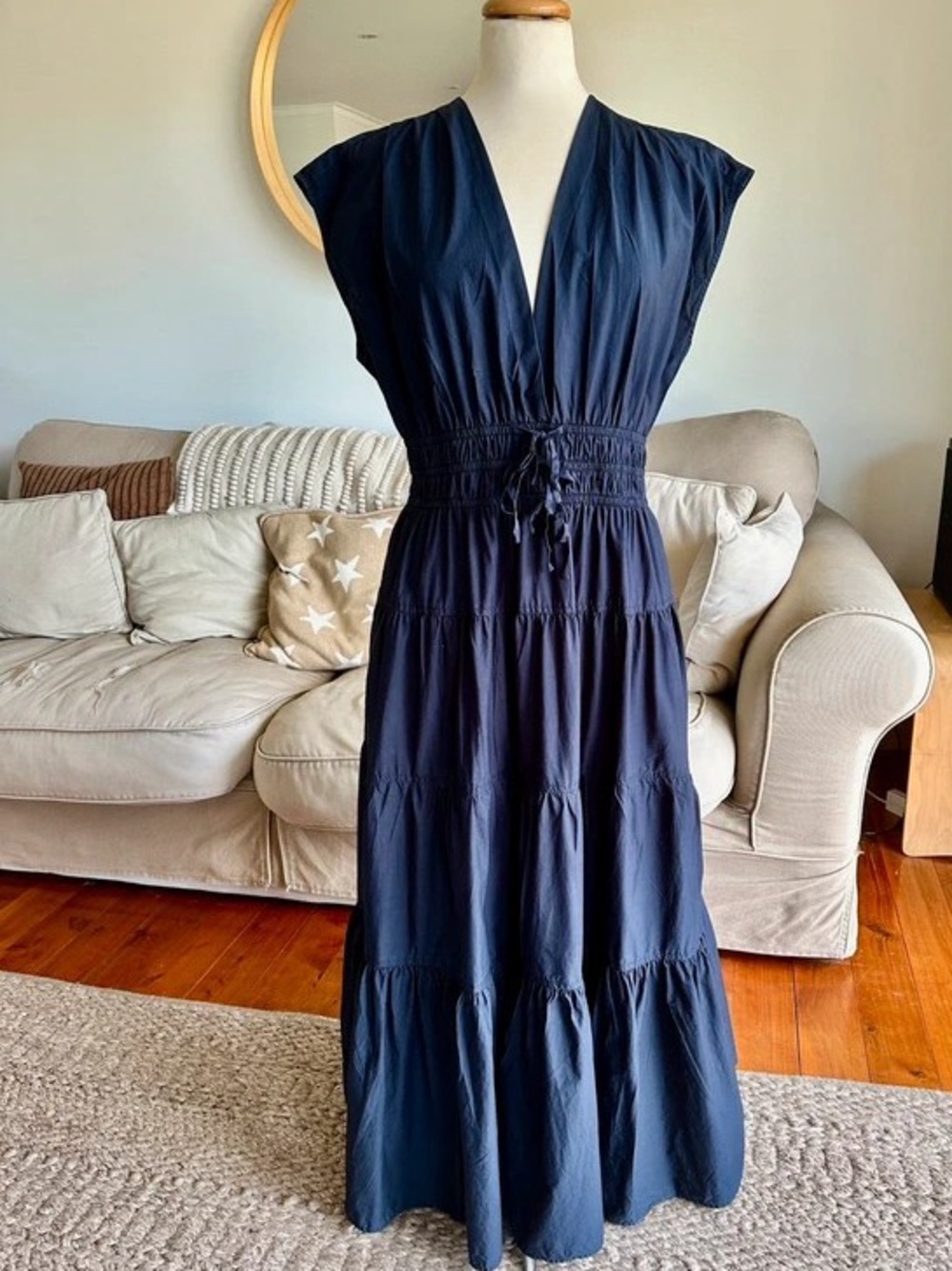 Deep Navy V-Neck Tiered Maxi Dress with Drawstring Waist